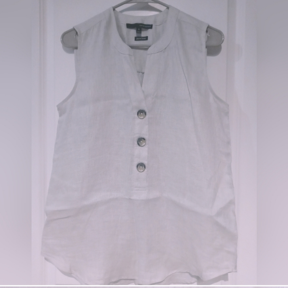 HARVE BENARD 100% LINEN women's medium BEIGE HALF BUTTON TANK
